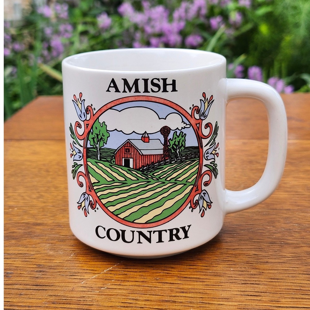 Vintage 80s Amish Country Coffee Mug Barn Windmill Souvenir Ceramic Cup Retro